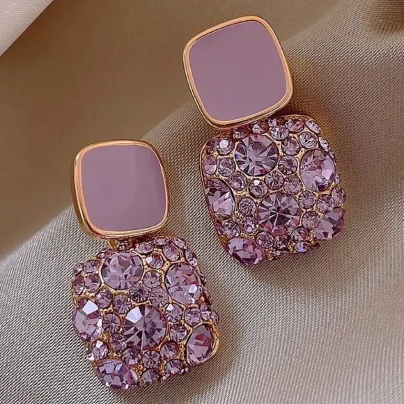 Vibrant Art Deco Purple Square Rhinestone Dangle Drop Earrings for Women - Picture 1 of 5